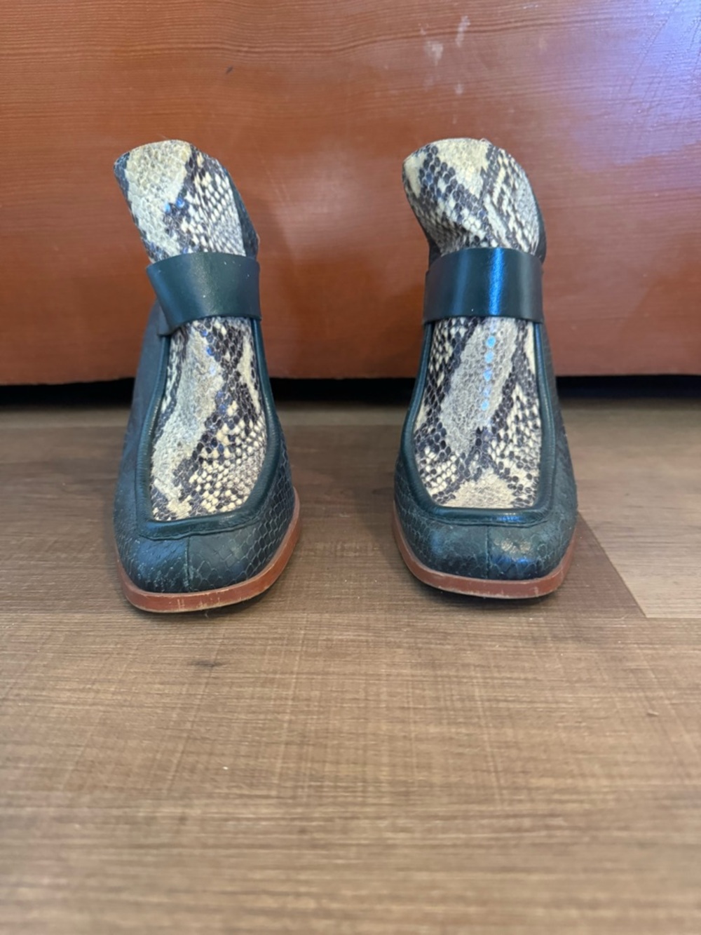 Zara Leather Black and Brown Snake-Print Mules